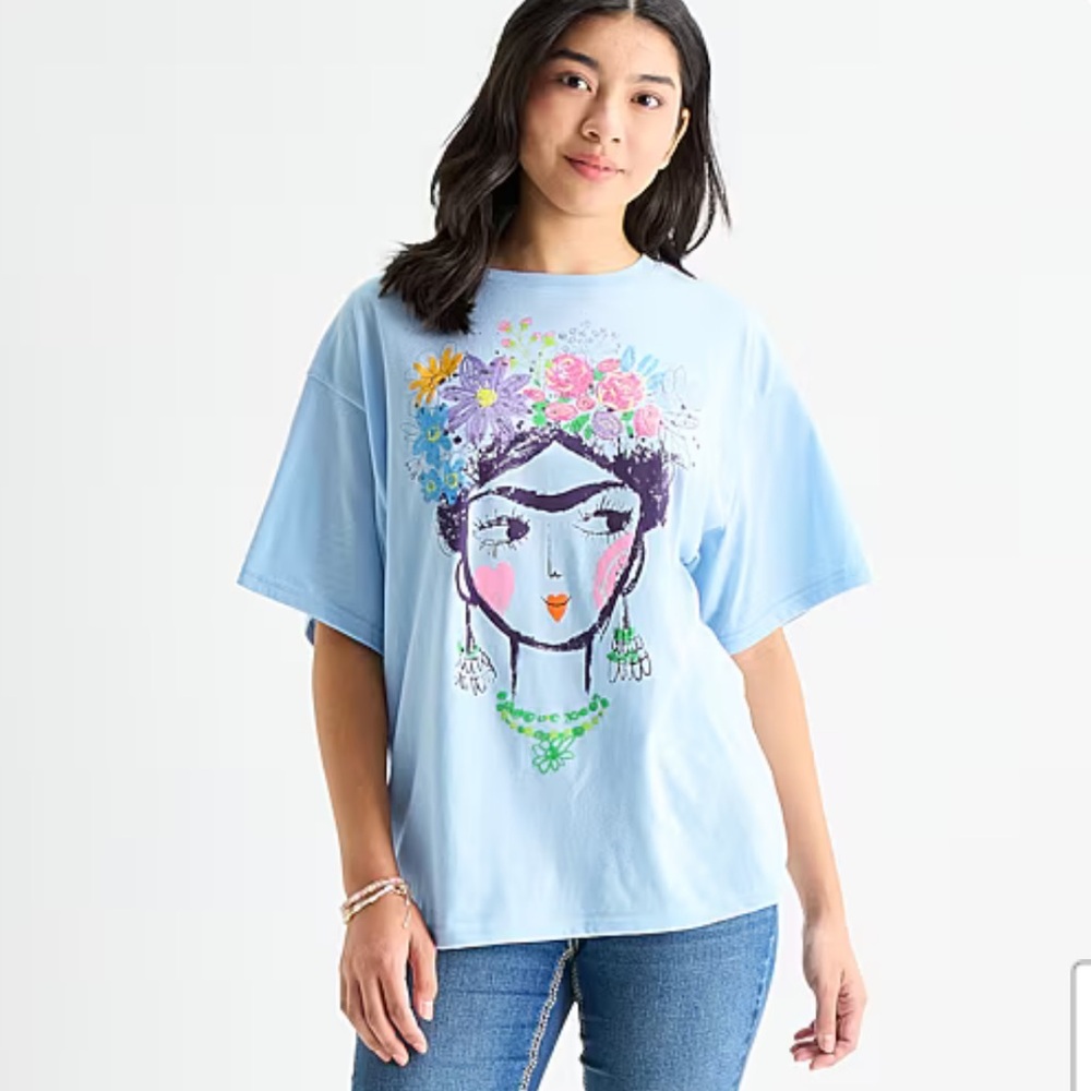 Frida Kahlo Light Blue Floral Face Graphic Tee Sz XXL NWT